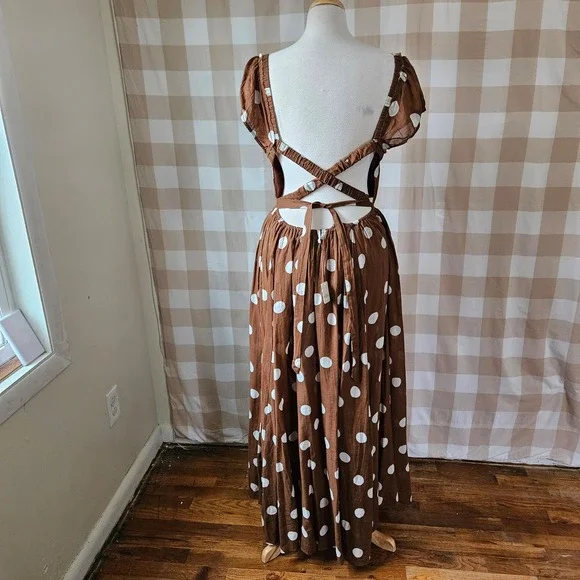 NWT Free People Ultraviolet Brown Polka Dot Smocked Waist Cotton Maxi Dress  XL